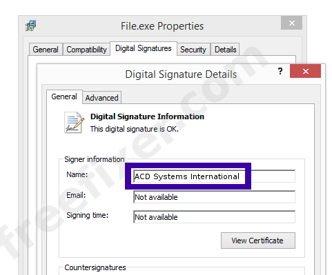 Screenshot of the ACD Systems International certificate